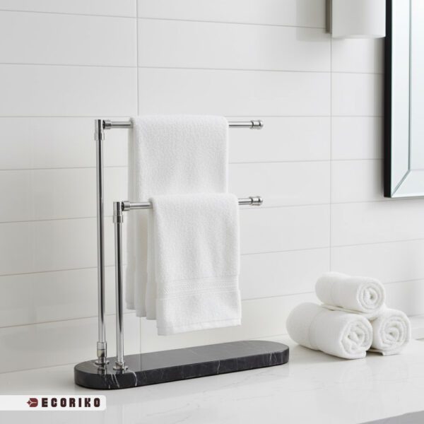 استند حوله رومیزی نقره ای با پایه سنگ مشکی در حمام