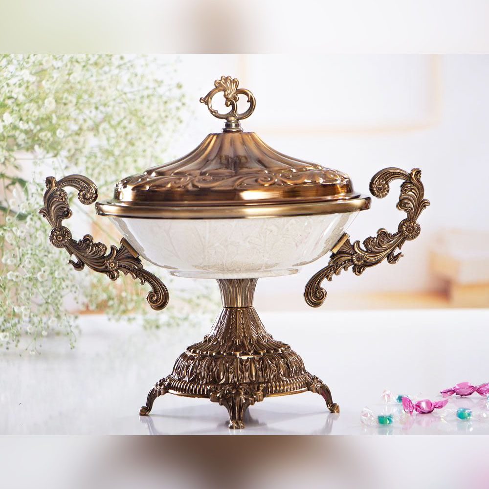 شکلات خوری درب دار ماربل شکلات خوری پایه دار آنتیک مدل ماربل با درب و دستههای برنزی رنگ