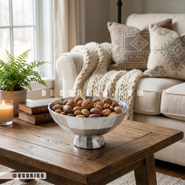 آجیل خوری آلومینیومی سیلور پر از گردو روی میز چوبی در دکوراسیون داخلی مدرن