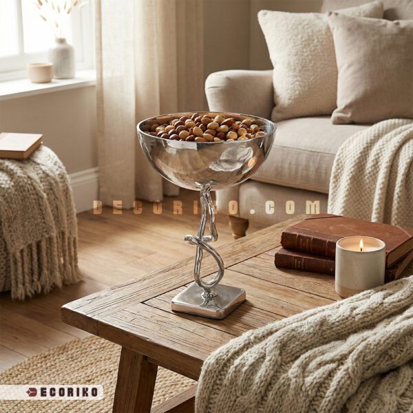 آجیل خوری سیلور پایه دار پر از آجیل روی میز پذیرایی چوبی