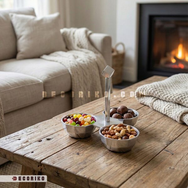 چیدمان میز پذیرایی مدرن با ظرف آجیل و شکلات خوری سه تایی