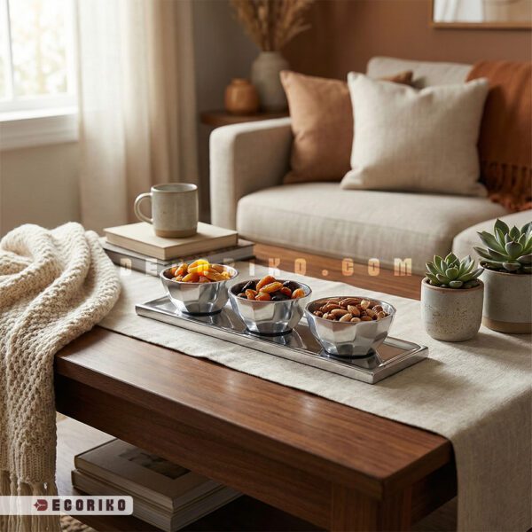 ست پذیرایی سیلور مدرن روی میز جلومبلی با آجیل و تنقلات