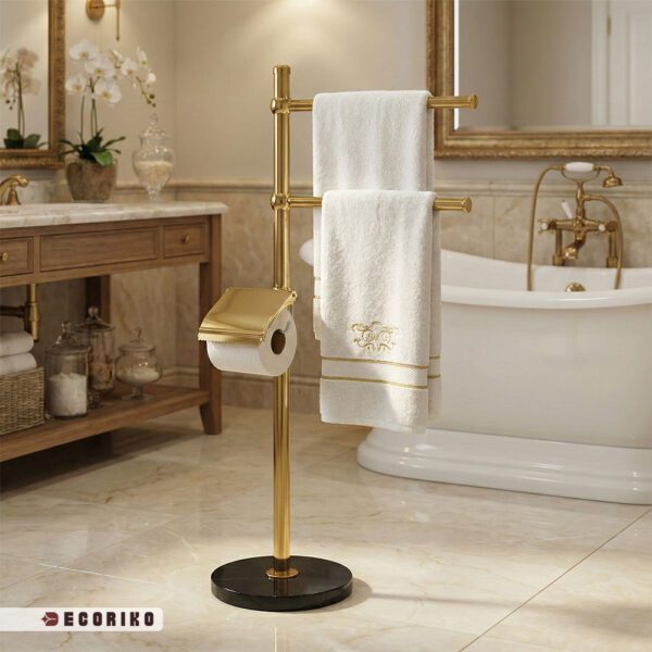 نمای کامل استند ایستاده حوله و دستمال طلایی با پایه سنگ مشکی در حمام