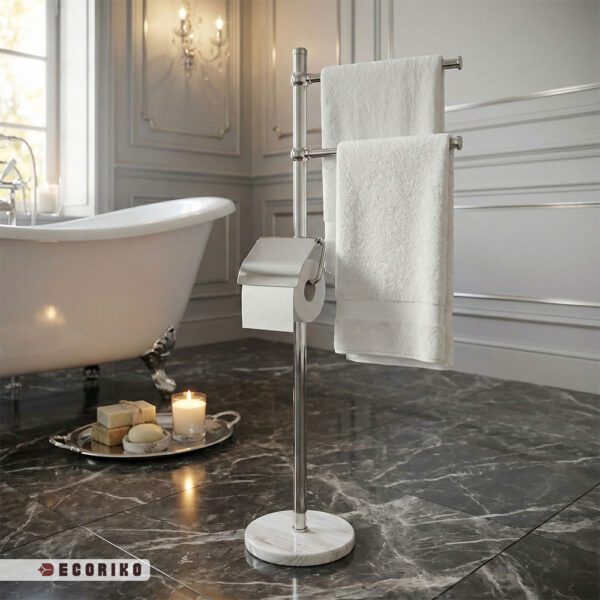 اکسسوری لوکس سرویس بهداشتی رنگ نقره‌ای و سنگی مدرن سفید