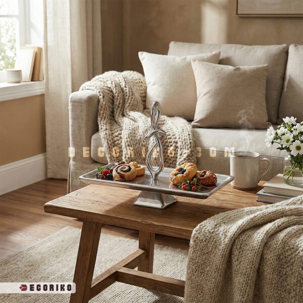 چیدمان میز پذیرایی مدرن با شیرینی خوری آلومینیومی دسته دار