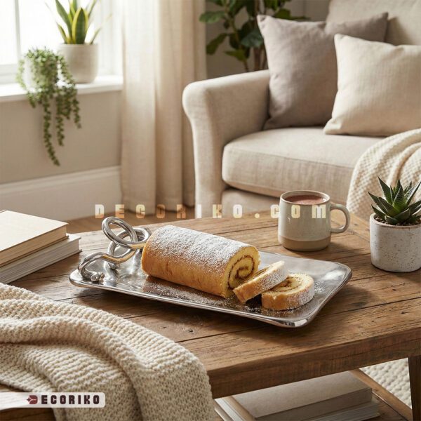 رولت خوری مستطیلی سیلور پر شده با شیرینی رولت روی میز پذیرایی چوبی