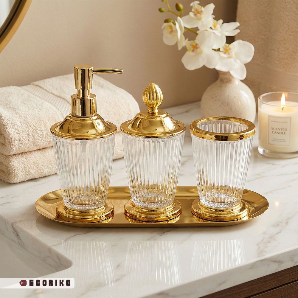 ست سرویس بهداشتی سه پارچه مدل نووا طلایی 2 جدیدترین مدل ست دستشویی و حمام طلایی رنگ مناسب جهیزیه و دکوراسیون شیک