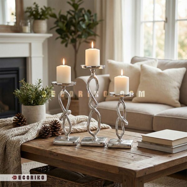 ست شمعدان آلومینیومی سه سایز چیده شده روی میز چوبی در دکوراسیون زمستانی