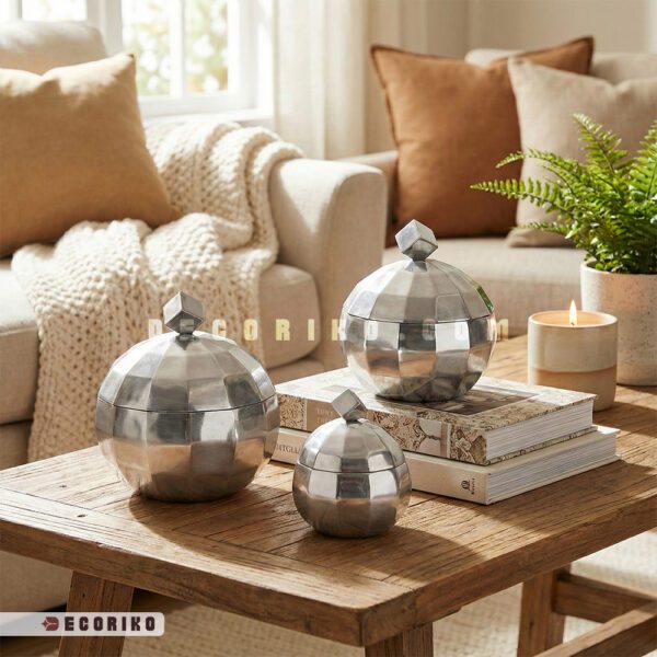 ست شکلات خوری سیلور سه سایز چیدمان شده روی میز چوبی در دکوراسیون مدرن