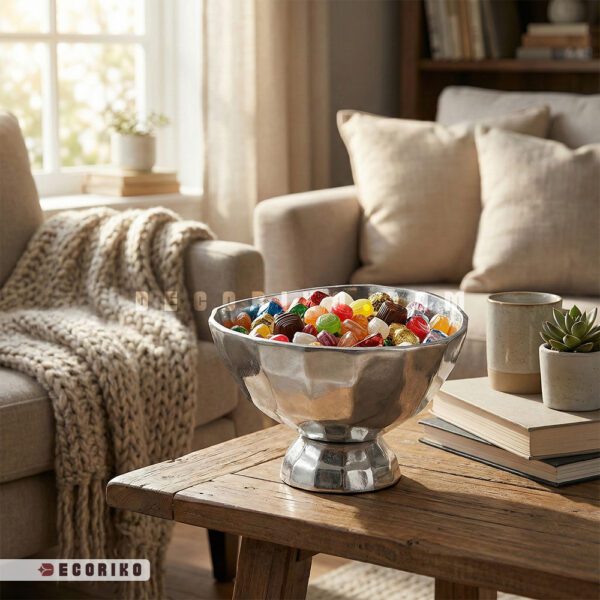 چیدمان ظرف پذیرایی فلزی نقره ای روی میز چوبی پذیرایی