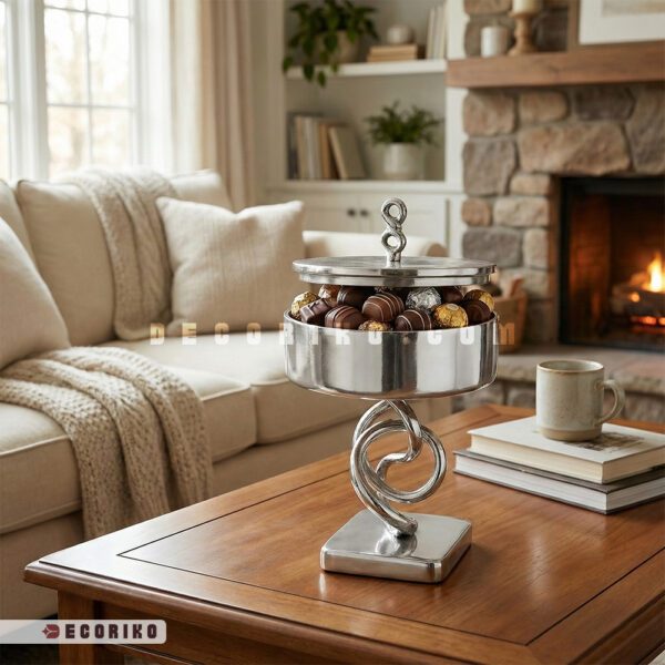 ظرف شکلات خوری سیلور شیک روی میز جلومبلی در دکوراسیون منزل