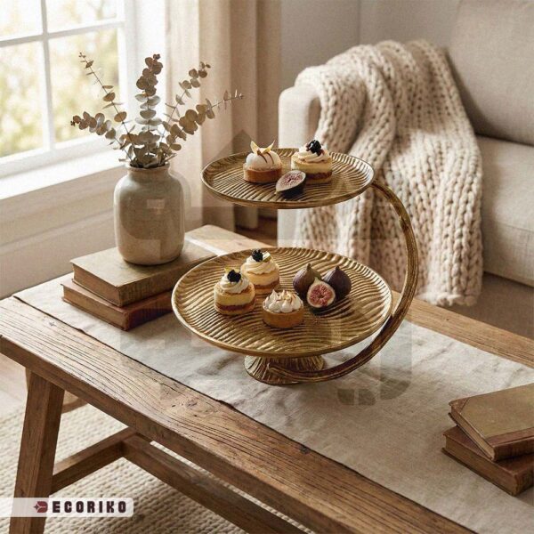 شیرینی خوری دو طبقه طلایی مدل اوشن روی میز پذیرایی چوبی با تزیین دسر