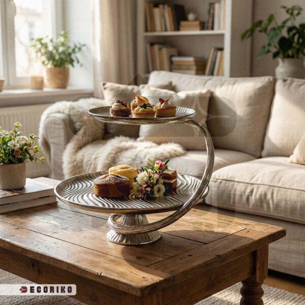 چیدمان میز پذیرایی با شیرینی خوری دو طبقه سیلور و کیک‌های خانگی