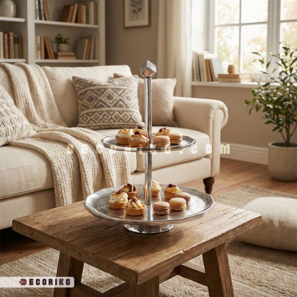 چیدمان میز پذیرایی مدرن با ظرف دو طبقه آلومینیومی و شیرینی