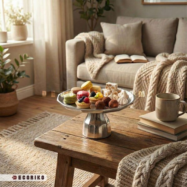 چیدمان میز پذیرایی شیک با ظرف شیرینی خوری آلومینیومی طرح مربعی