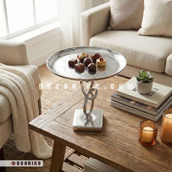 شیرینی خوری پایه پیچ سیلور روی میز چوبی پذیرایی با شکلات و دکور مدرن
