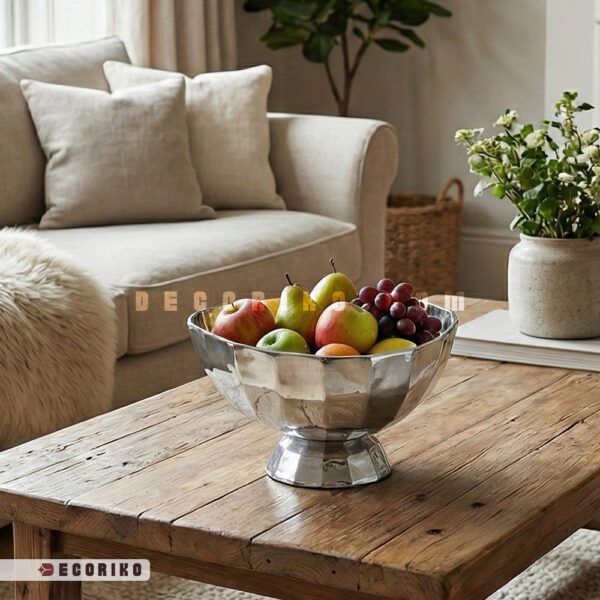 میوه خوری آلومینیومی سیلور پر از میوه روی میز چوبی در دکوراسیون مدرن