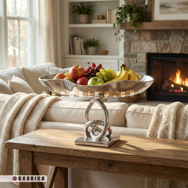 میوه خوری آلومینیومی بزرگ روی میز چوبی در دکوراسیون پذیرایی مدرن