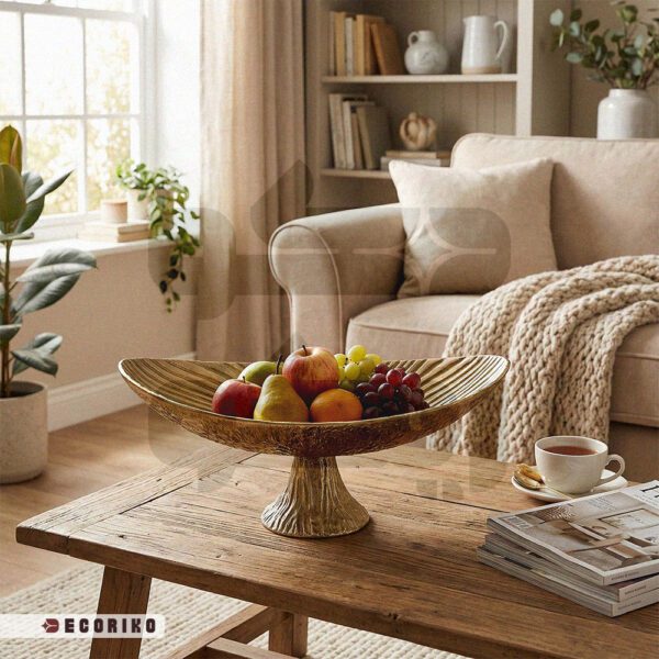 چیدمان میوه در کشکول طلایی پایه دار مدل اوشن روی میز پذیرایی چوبی.