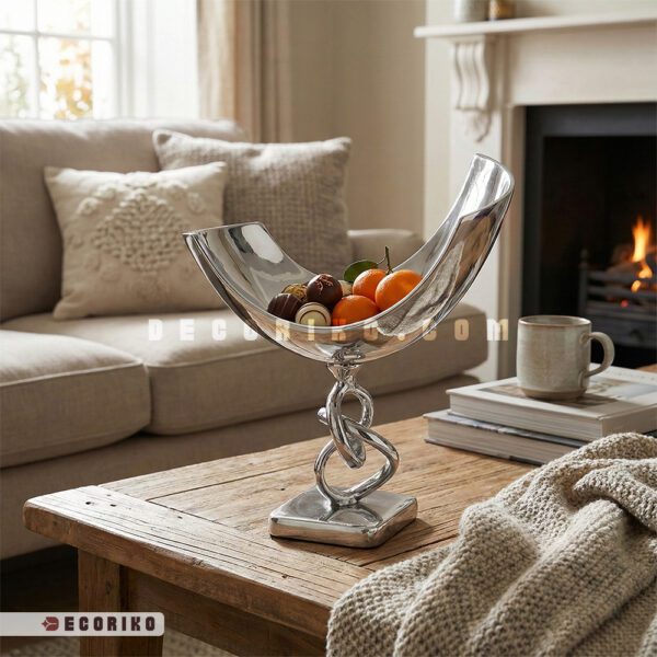 کشکول آلومینیومی پایه پیچ روی میز پذیرایی چوبی در دکوراسیون مدرن