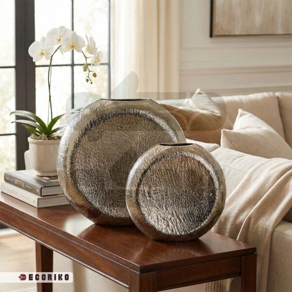 ست گلدان فلزی نقره ای در دو سایز بزرگ و کوچک مناسب دکوراسیون مدرن