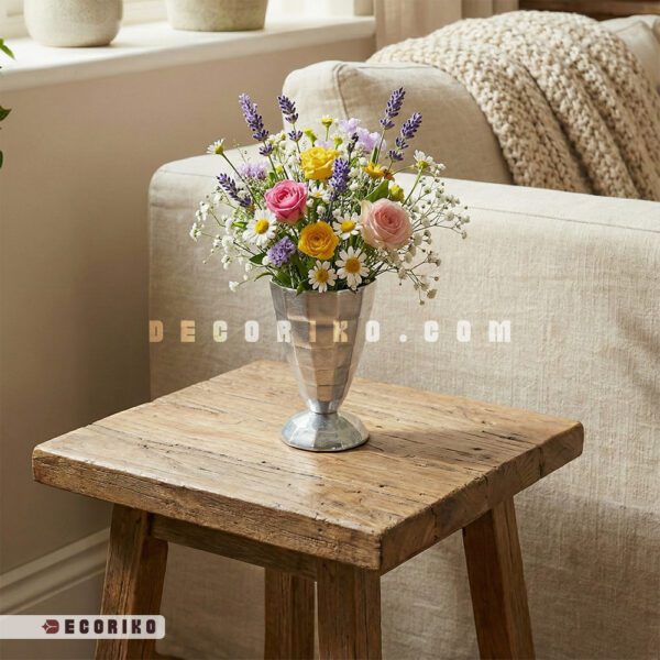 گلدان آلومینیومی سیلور طرح هندسی پر از گل‌های طبیعی روی میز چوبی روستیک