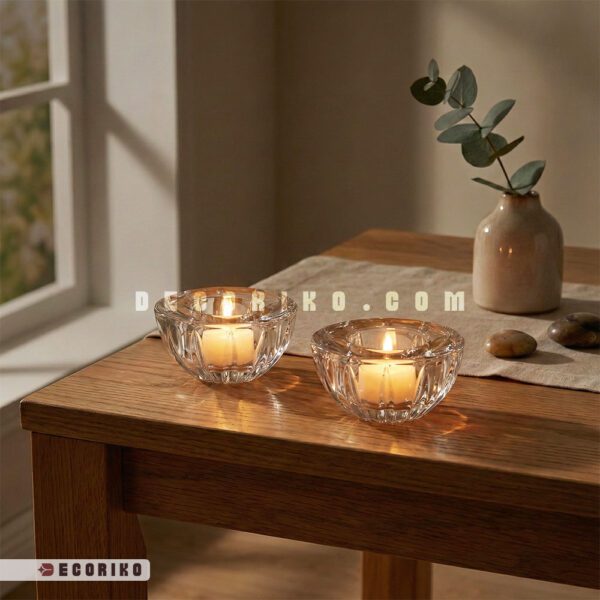 جاشمعی بلور مادام کوکو مدل Anne با شمع روشن روی میز