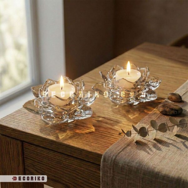 جاشمعی بلور طرح گل نیلوفر روشن روی میز چوبی