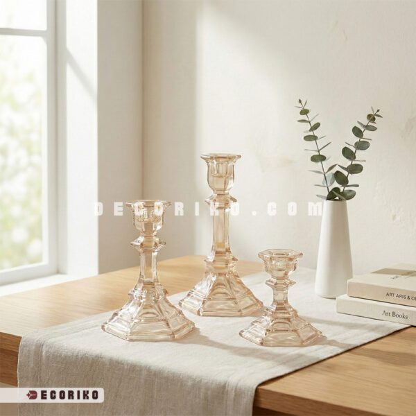خرید ست شمعدان کریستال عسلی سه سایز روی میز پذیرایی