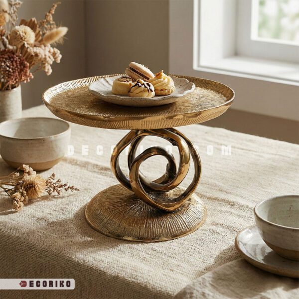 شیرینی خوری تخت طلایی با پایه مدل پیچ روی میز