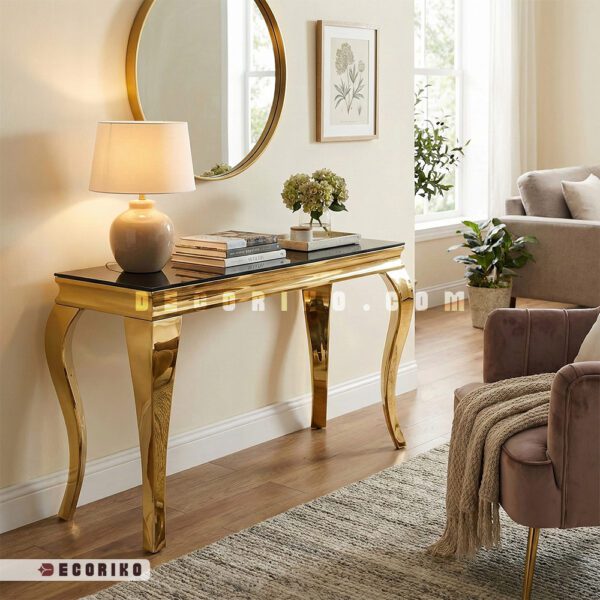 میز کنسول استیل طلایی با پایه های منحنی سم آهویی و رویه مشکی در دکوراسیون پذیرایی