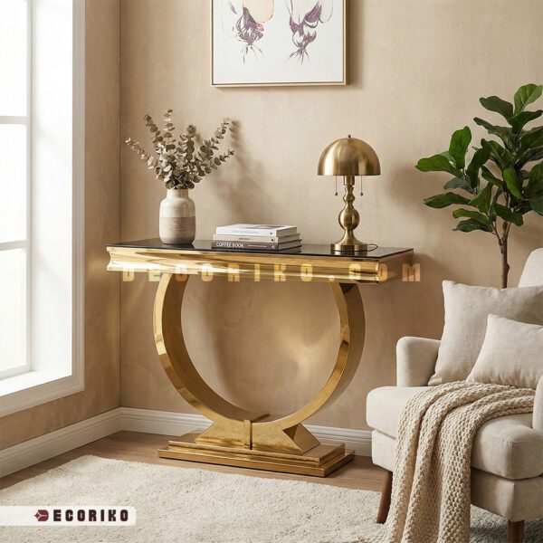 میز کنسول استیل طلایی لوکس با رویه شیشه سکوریت مشکی و پایه هلالی
