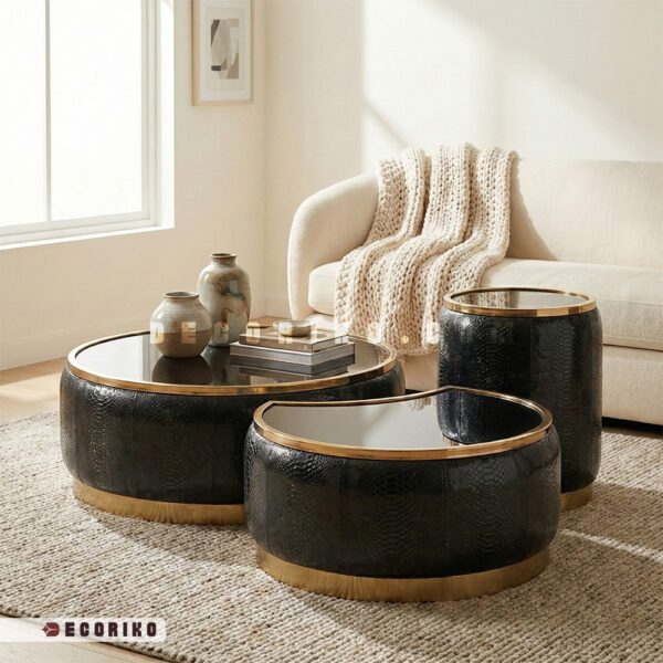 میز جلو مبلی استیل طلایی سه تکه مدل اپل با بدنه چرمی مشکی