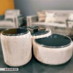میز جلو مبلی استیل نقره‌ای سه تکه مدل اپل با بدنه پارچه مخمل کرم