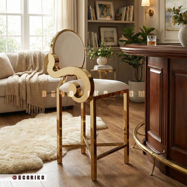 صندلی بار استیل مدل ملودی طلایی با رویه کرم در دکوراسیون لوکس