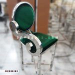 صندلی بار استیل مدل ملودی نقره‌ای با رویه سبز در کارگاه
