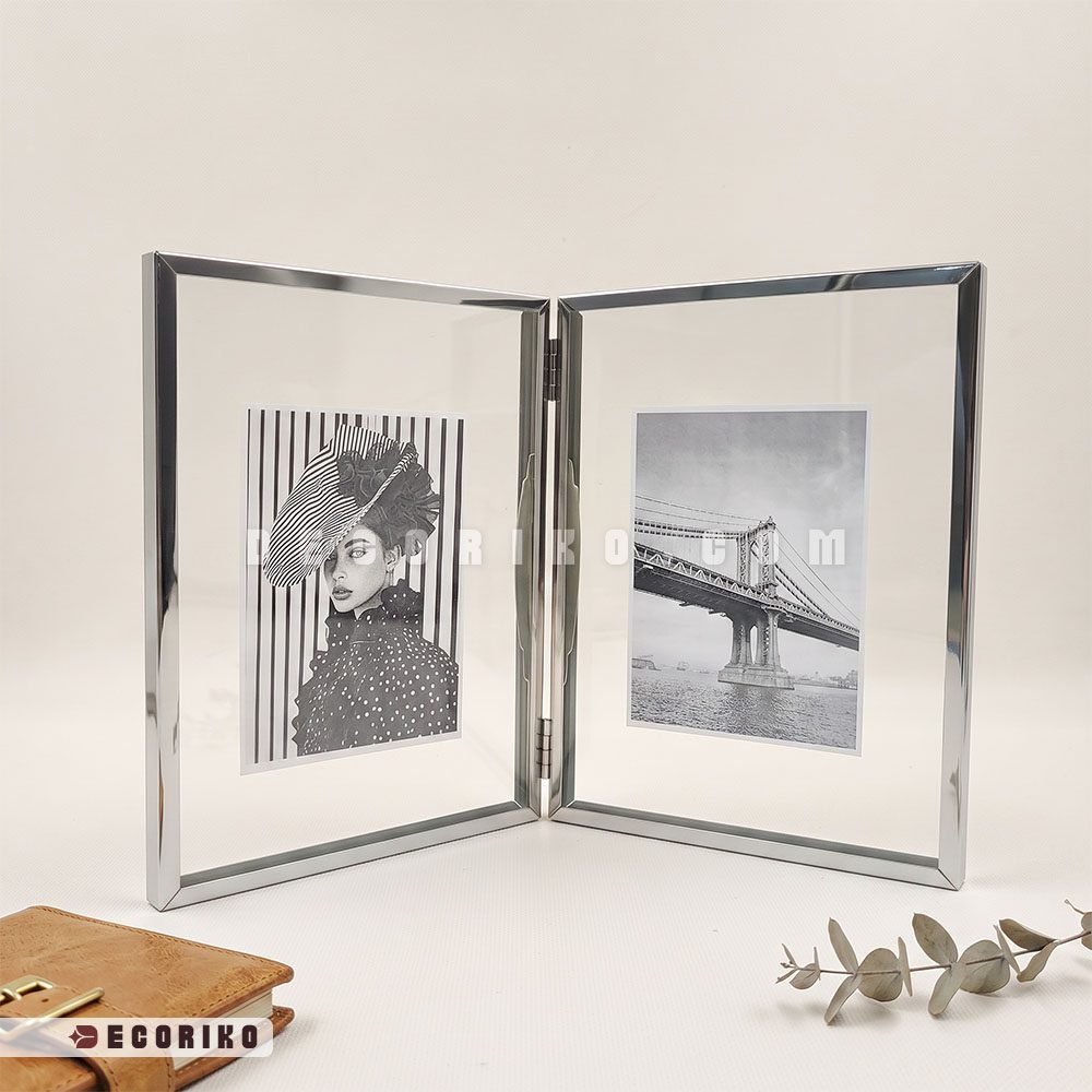 قاب عکس رومیزی فلزی نقره‌ای کتابی سایز 16 در 21
