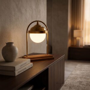 چیدمان آباژور رومیزی نارا روشن روی میز کنسول در دکوراسیون گرم و ملایم اتاق