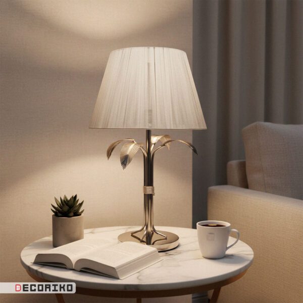 آباژور رومیزی استیل نقره ای مدل نخل روی میز مرمر