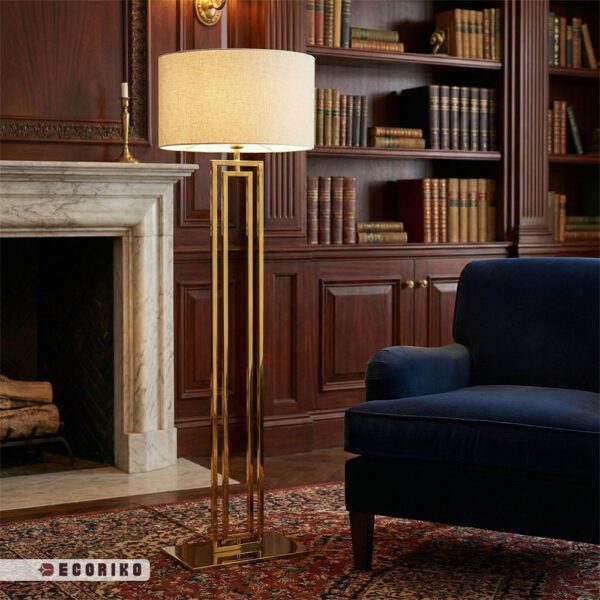 آباژور کنار سالنی طلایی مدرن با طراحی هندسی مستطیل و کلاهک پارچه ای روشن