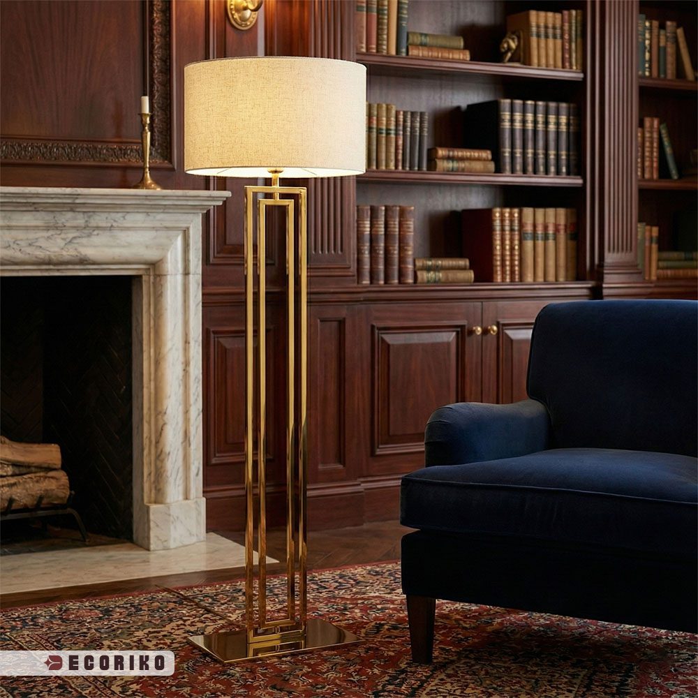 آباژور کنار سالنی طلایی مدرن با طراحی هندسی مستطیل و کلاهک پارچه ای روشن