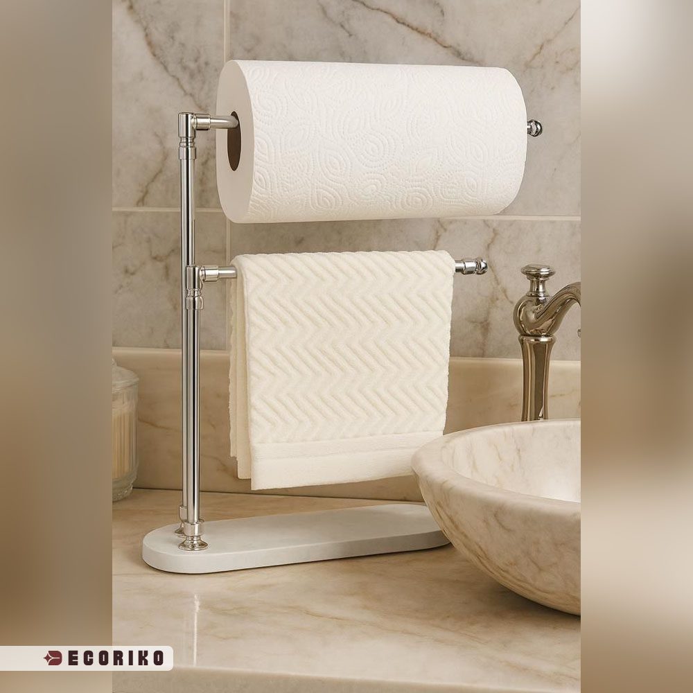 استند رومیزی نقره ای با پایه سنگ سفید برای دستمال رولی و حوله