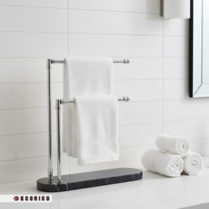 استند حوله رومیزی نقره ای با پایه سنگ مشکی در حمام