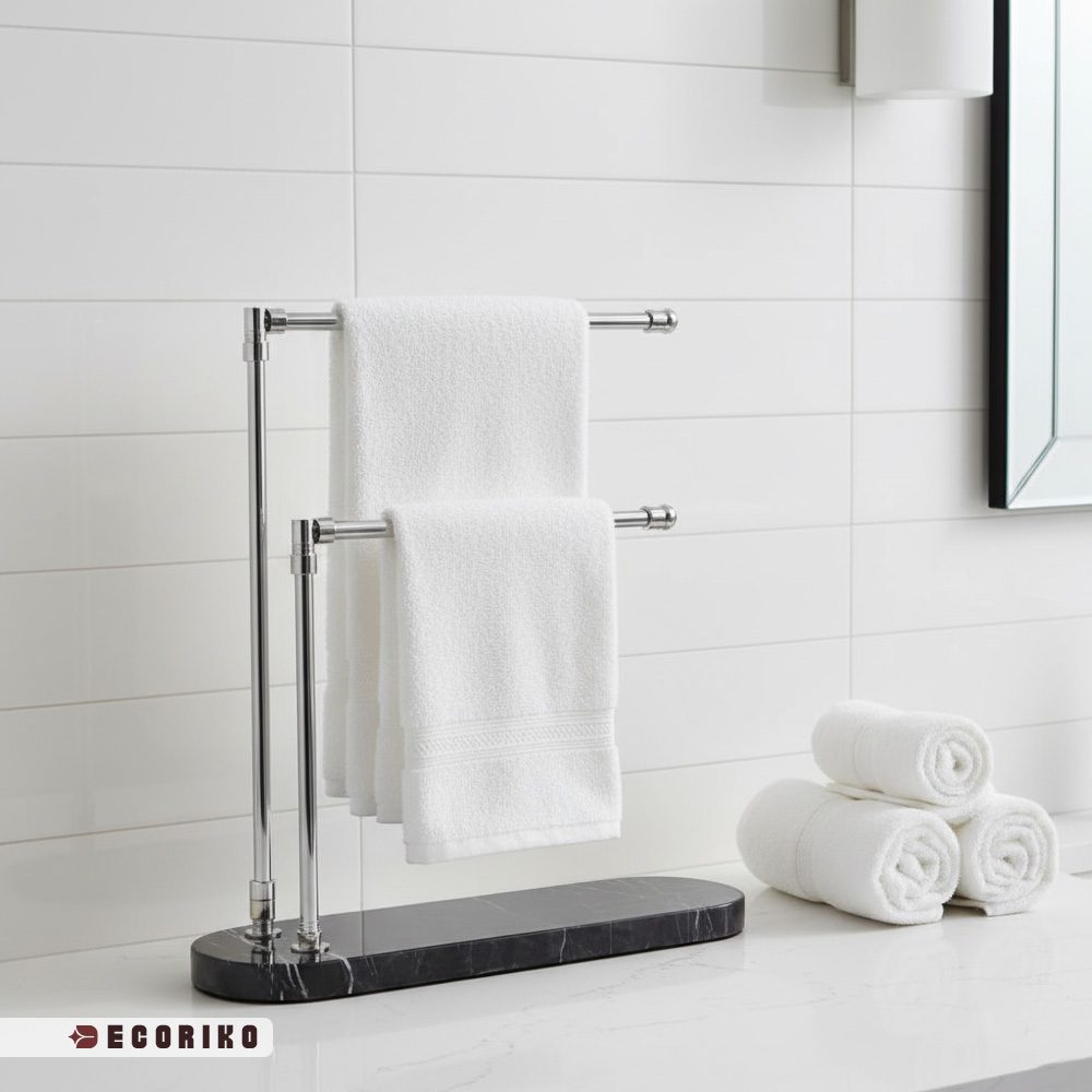 استند حوله رومیزی نقره ای با پایه سنگ مشکی در حمام