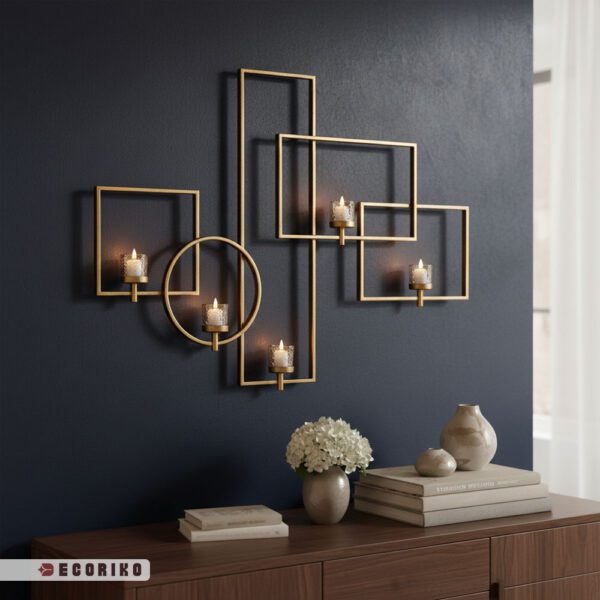 عکس ژورنالی جاشمعی دیواری ۵ شعله استیل طلایی در فضای کم نور