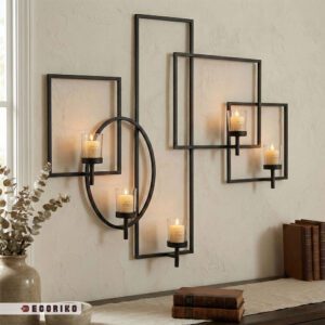 جاشمعی دیواری فلزی مشکی مات ۵ شعله با طراحی هندسی روی دیوار روشن