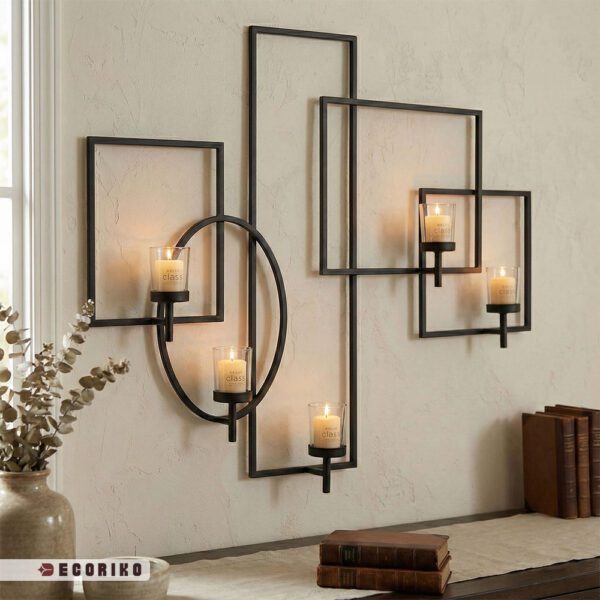 جاشمعی دیواری فلزی مشکی مات ۵ شعله با طراحی هندسی روی دیوار روشن