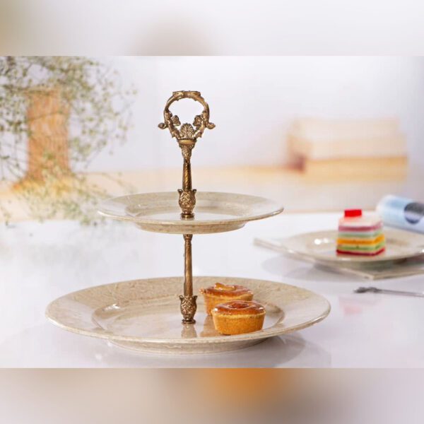 استند شیرینی دو طبقه آنتیک مدل ماربل با دسته فلزی کار شده