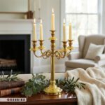 خرید شمعدان ۵ شعله طلایی ۵۰ سانت برای روی میز و شومینه