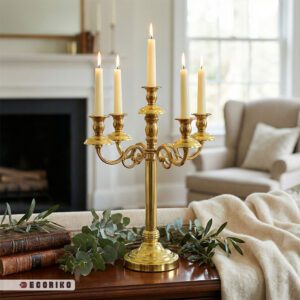 خرید شمعدان ۵ شعله طلایی ۵۰ سانت برای روی میز و شومینه